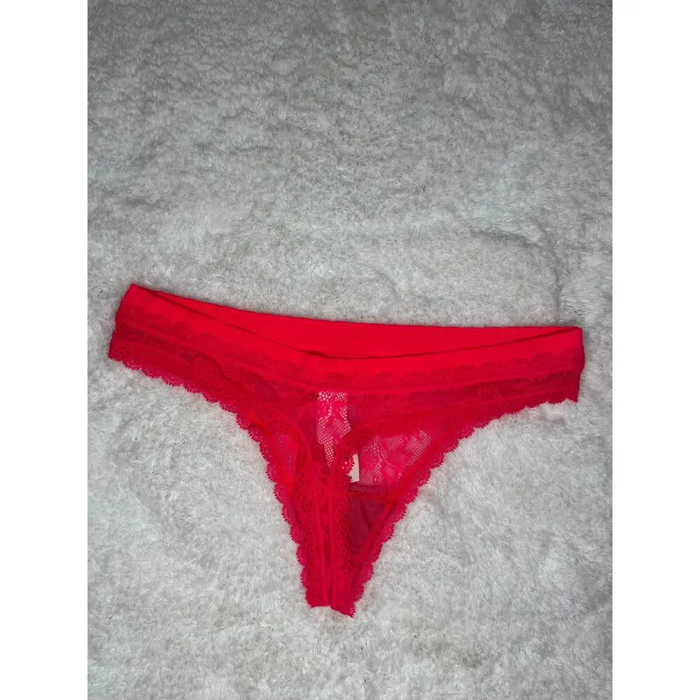 Victoria’s Secret Neon Coral Lace Mesh Thong Panty M NWT
